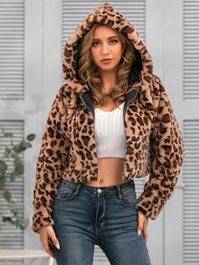 Women's Fashionable Leopard Print Faux Fur Hooded Jacket, Comfortable Flannel Long Sleeve Short Coat - Coffee Brown - View 5