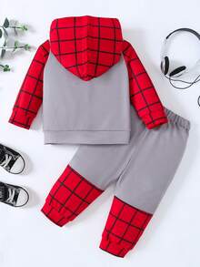2入組幼兒男童格紋拼接蜘蛛印花連帽衫和長褲套裝,秋冬季節適用 - 灰色 - 查看 2