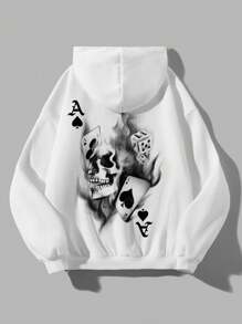 SHEIN EZwear Sudaderas con capucha holgadas forradas térmicas con diseño de cara fantasmal, imprescindibles para mujer en otoño/invierno, de vuelta al colegio, Halloween, tops de manga larga