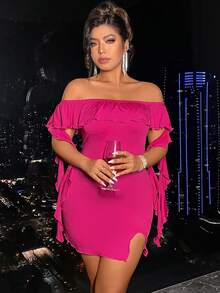 Celure 大碼一字肩荷葉邊下擺開叉緊身洋裝 - 玫紅色 - 查看 6