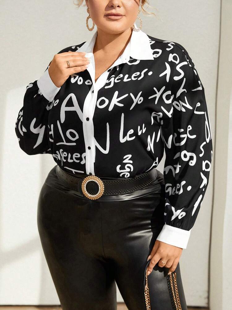 Plus Letter Graphic Contrast Trim Shirt