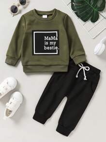 Baby Boy Slogan Graphic Pullover & Tie Waist Sweatpants