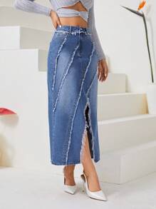 SHEIN Privé 高腰毛邊緣高衩牛仔半身裙 - 中等水洗藍 - 查看 6