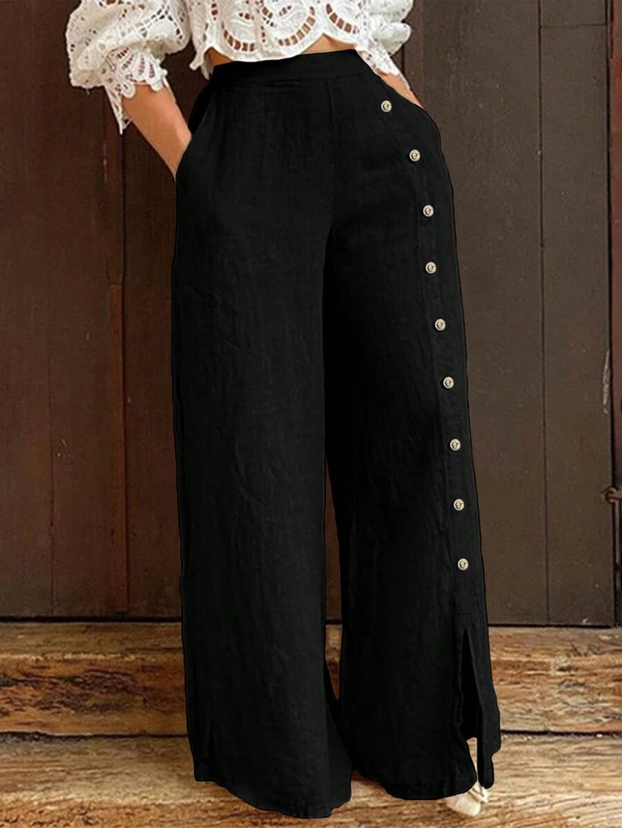 Women's Solid Color Button Fly Wide Leg Loose Casual Pants