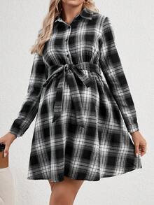 SHEIN 孕婦格紋印花腰帶襯衫洋裝 - 黑色 - 查看 5