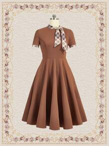 Vintamour 格纹领带细节连衣裙音乐会夏季女士长裙夏季连衣裙带袖连衣裙复古服装卡其色复古连衣裙旧钱美学栗色棕色 - 咖啡棕 - 查看 1