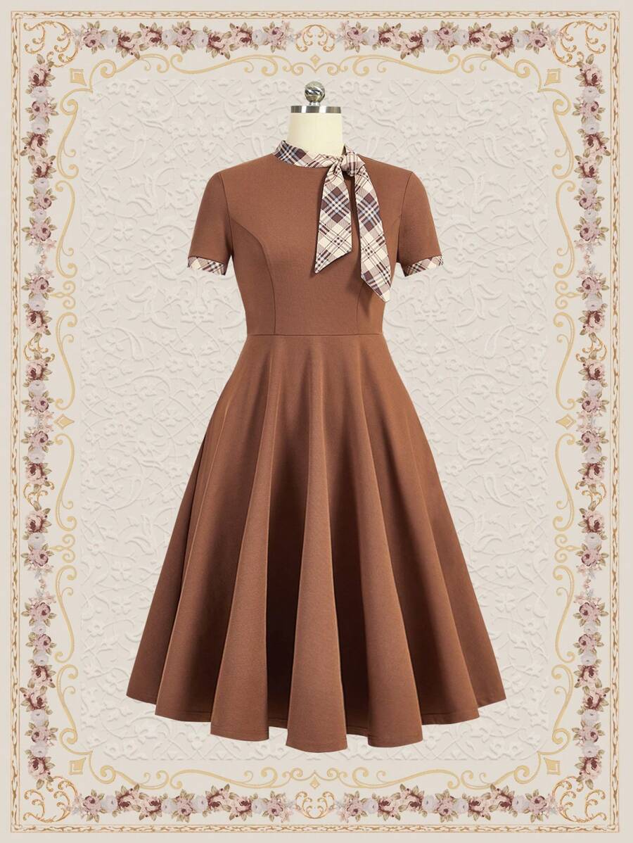 Vintamour 格纹领带细节连衣裙音乐会夏季女士长裙夏季连衣裙带袖连衣裙复古服装卡其色复古连衣裙旧钱美学栗色棕色 - 咖啡棕 - 查看 1