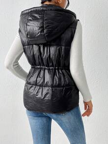 SHEIN Frenchy Women's Drawstring Waist Padded Vest Coat - Black - View 2