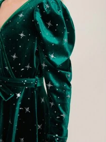 SHEIN Girls' Knitted Silver Starry Print Dress - Green - View 5