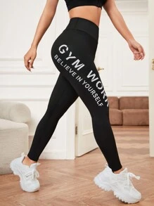 Yoga Trendy Phản chiếu Đồ họa Chữ cái Thắt lưng băng rộng Quần Xà cạp thể thao Xà cạp tập luyện - màu đen - Xem 3