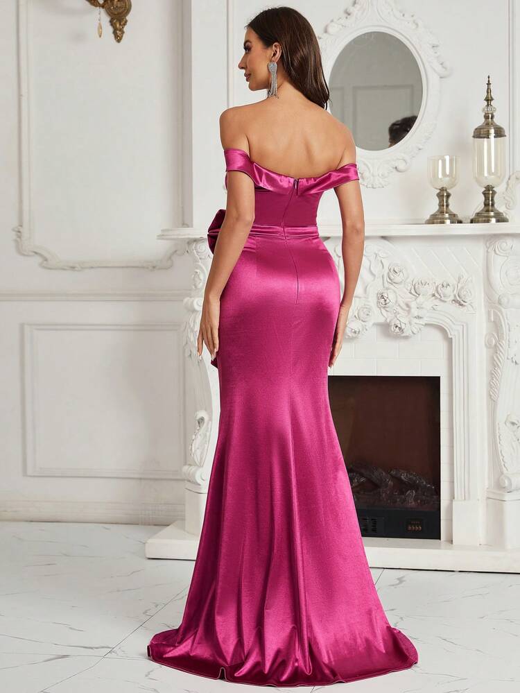 Off Shoulder Ruffle Trim Split Thigh Formal Dress