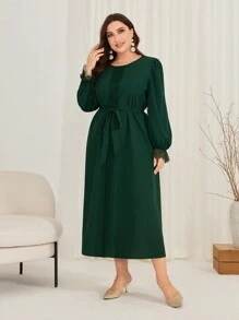 Al Najma Plus Size Lace Patchwork Dress With Waist Belt