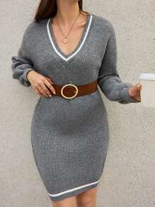 SHEIN Frenchy Striped Trim Drop Shoulder Sweater Dress Without Belt Winter Casual - Grey - View 1