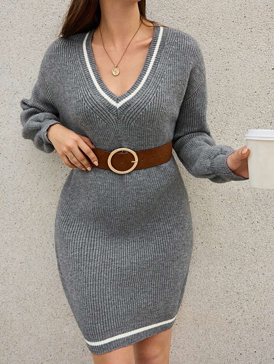SHEIN Frenchy Striped Trim Drop Shoulder Sweater Dress Without Belt Winter Casual - Grey - View 1