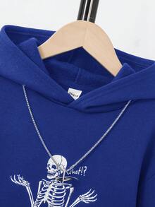 SHEIN 青少年男孩标语骷髅印花落肩保暖内衬卫衣 - 寶藍色 - 查看 5