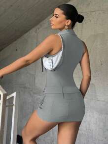 SHEIN ICON Wrap Pocket Front Zipper Belted Dress - Light Grey - View 2