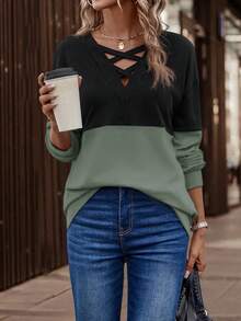 SHEIN LUNE Hai âm Crisscross Thả vai Áo nỉ - Nhiều màu - Xem 6