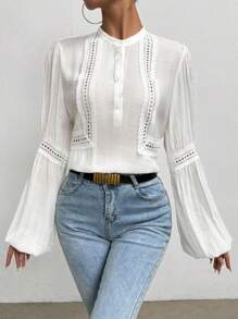 SHEIN Essnce Guipure Lace Insert Lantern Sleeve Blouse - White - View 4