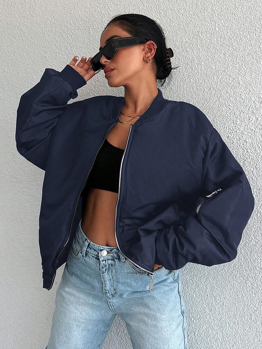 EURMUSE Women'S Solid Color Baseball Collar Drop Shoulder Jacket - Navy Blue - View 1