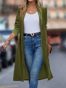 SHEIN Clasi 素色開門襟青果領外套 - 綠色 - 查看 3