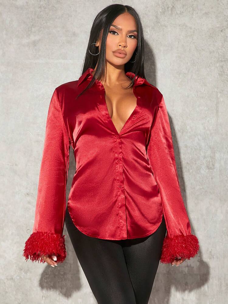 Fuzzy Cuff Button Front Shirt