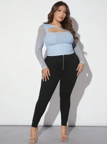 SHEIN SXY 大碼前鏤空側收褶網紗上衣