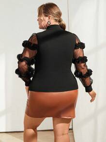 SHEIN Privé 大碼網紗拼接燈籠袖小高領上衣 - 黑色 - 查看 2