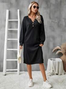 SHEIN LUNE 女款純色缺角 V 領落肩連身裙 - 黑色 - 查看 4