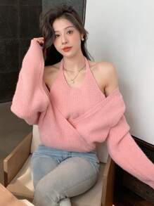 Dazy Star Chất rắn 2 trong1 Chi tiết bọc Áo len - Hồng - Xem 8