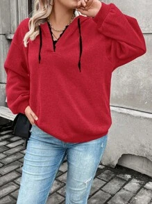 SHEIN Franclia 加大码落肩抽绳卫衣 - 紅色 - 查看 7