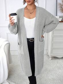 Calvaya Plus Dual Pocket Drop Shoulder Duster Cardigan - Grey - View 3