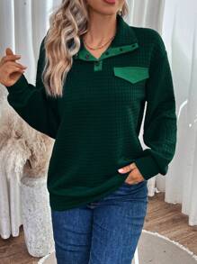 SHEIN LUNE Nút Nửa Chi tiết về Flap Thả vai Áo nỉ - Màu xanh lá cây đậm - Xem 6