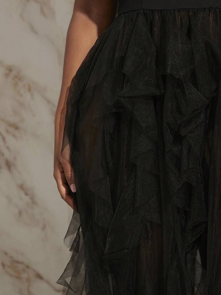 Ruffle Trim Mesh Overlay Tube Dress
