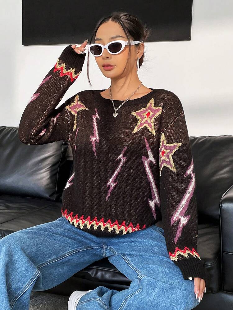 Star & Lightning Pattern Drop Shoulder Knit Pullover Fall Winter Sweater