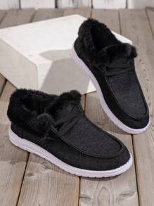 Women's Casual Sports Shoes, New Style Ladies' Flat Shoes, Winter Warm Fur Shoes, Lightweight Fashionable Lace-up Women's Shoes - Black - View 3