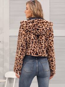 Women's Fashionable Leopard Print Faux Fur Hooded Jacket, Comfortable Flannel Long Sleeve Short Coat - Coffee Brown - View 2