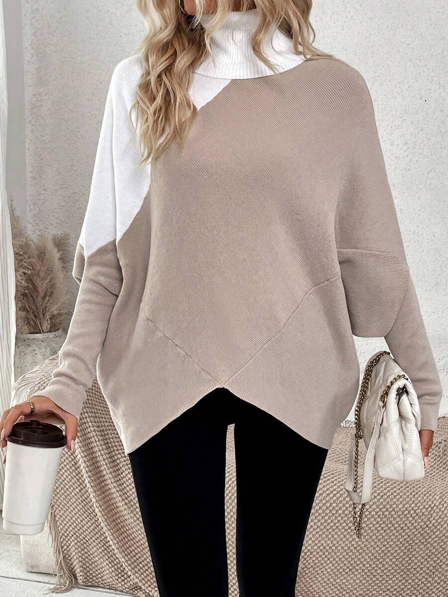 SHEIN LUNE Turtleneck Asymmetrical Hem Batwing Sleeve Sweater - Khaki - View 1
