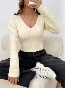 SHEIN EZwear Women's Round Neck Solid Color Drop Shoulder Sweater - Apricot - View 4