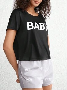 女士睡衣短袖 T 恤和短褲套裝帶文字設計 - 彩色 - 查看 4