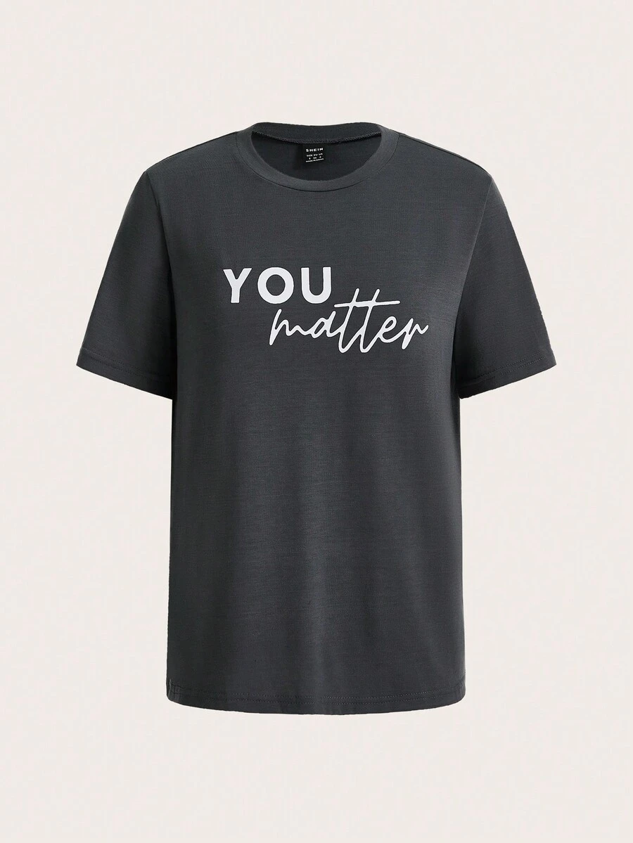 SHEIN LUNE Đồ họa Chữ cái Áo thun - Màu xám đen - Xem 1