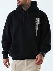 Extended Sizes Men Plus Hooded Sweatshirt With Slogan Print And Drawstring - Black - View 5