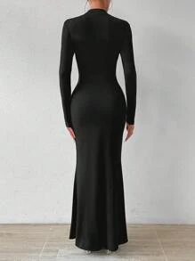 SHEIN Unity 水鑽骷髏手掌圖案小高領魚尾裙下擺洋裝 - 黑色 - 查看 2