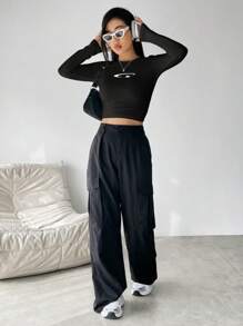 SHEIN Unity Women's Star Print Cropped T-Shirt Graphic Tees Women Tops - Black - View 5