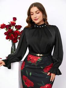 SHEIN Clasi 女款加大碼黑色立領襯衫 - 黑色 - 查看 4