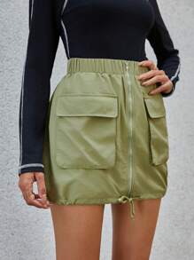 SHEIN Essnce Flap Pocket Drawstring Hem Cargo Skirt - Army Green - View 2