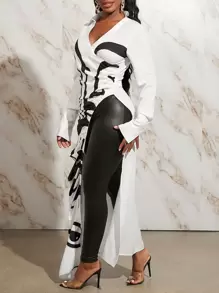 Slaydiva 图案印花不对称下摆长款衬衫 - 白色 - 查看 4