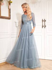 XUIBOL Contrast Lace Mesh Trim Bridesmaid Dress