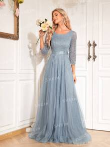 XUIBOL Contrast Lace Mesh Trim Bridesmaid Dress