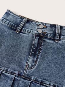 SHEIN ICON Pleated Hem Denim Skirt - Dark Wash - View 4