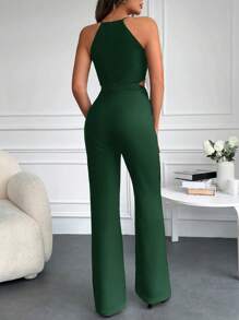 EURMUSE Solid Color Halter Neck Hollow Out Detail Jumpsuit - Green - View 2